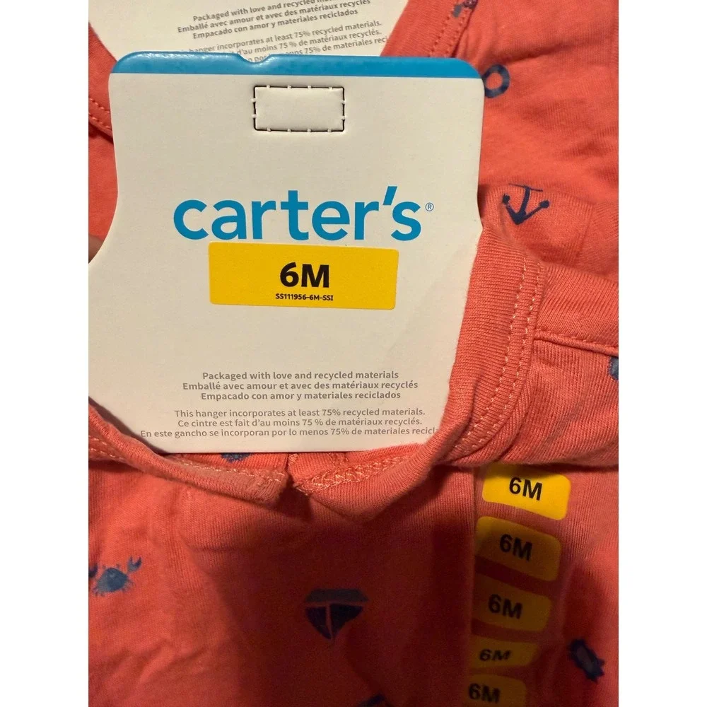 Carters 6m Baby Boys Nautical Sailboat Henley Romper Coral Pink Short Sleeve